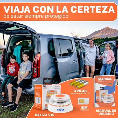 RYA Luz Emergencia Coche Homologado DGT Geolocalización - V16 Homologada Dgt Exigible a Partir De 2026 - Baliza Conectada Con DGT 3.0 - Imán Resistente - Datos Pagados Hasta 2038