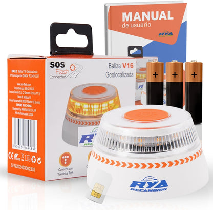 RYA Luz Emergencia Coche Homologado DGT Geolocalización - V16 Homologada Dgt Exigible a Partir De 2026 - Baliza Conectada Con DGT 3.0 - Imán Resistente - Datos Pagados Hasta 2038
