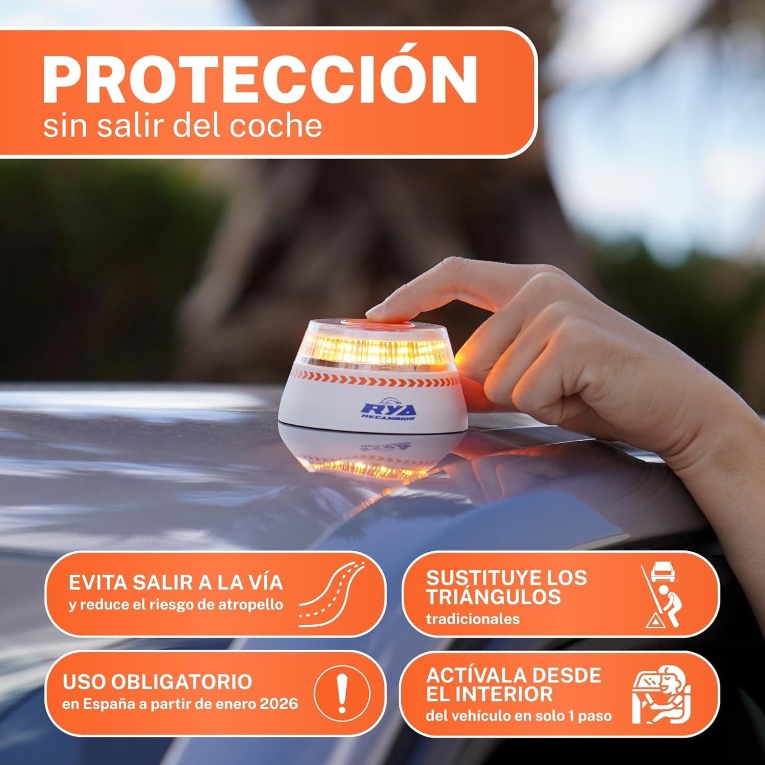 RYA Luz Emergencia Coche Homologado DGT Geolocalización - V16 Homologada Dgt Exigible a Partir De 2026 - Baliza Conectada Con DGT 3.0 - Imán Resistente - Datos Pagados Hasta 2038