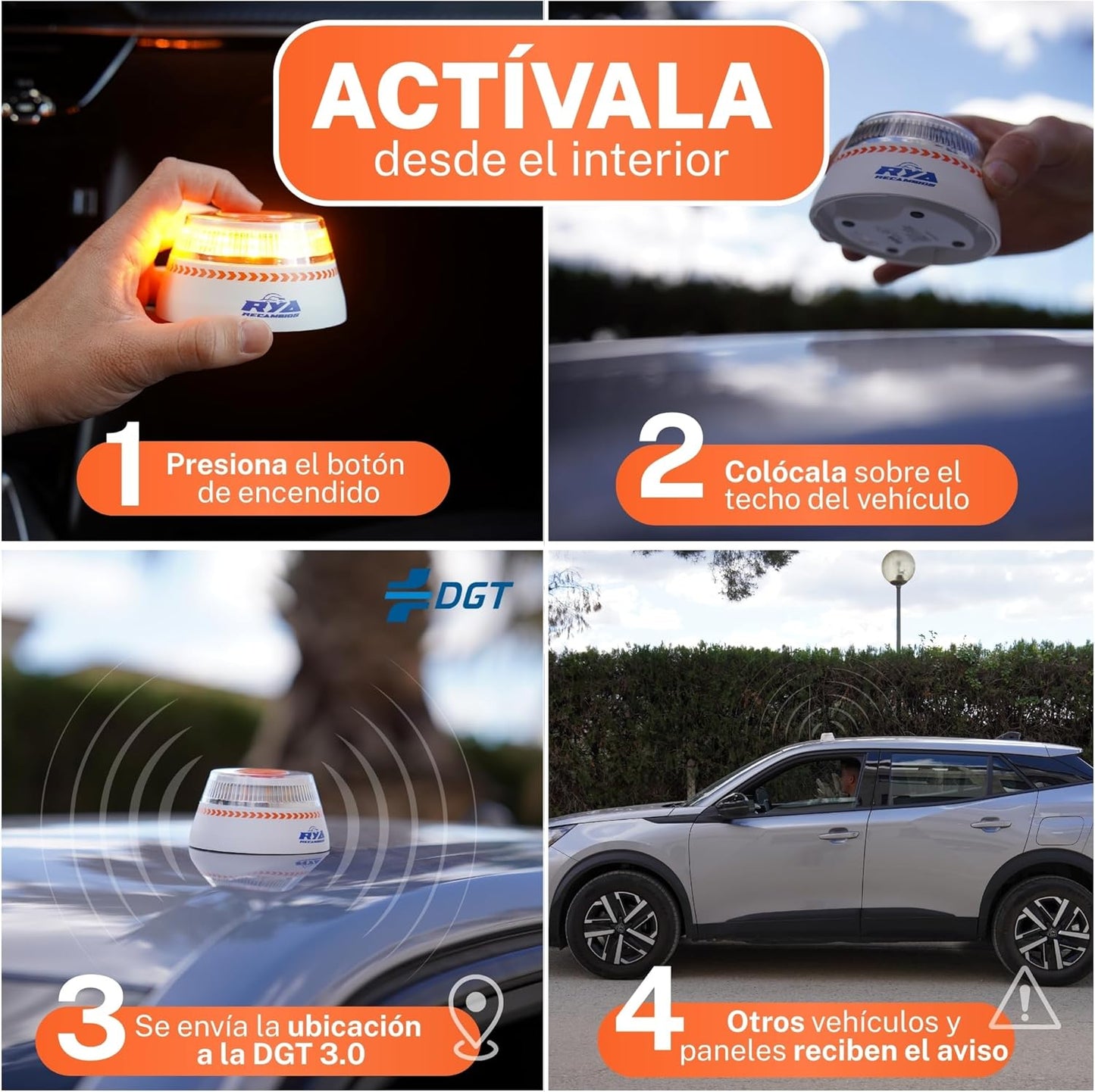 RYA Luz Emergencia Coche Homologado DGT Geolocalización - V16 Homologada Dgt Exigible a Partir De 2026 - Baliza Conectada Con DGT 3.0 - Imán Resistente - Datos Pagados Hasta 2038
