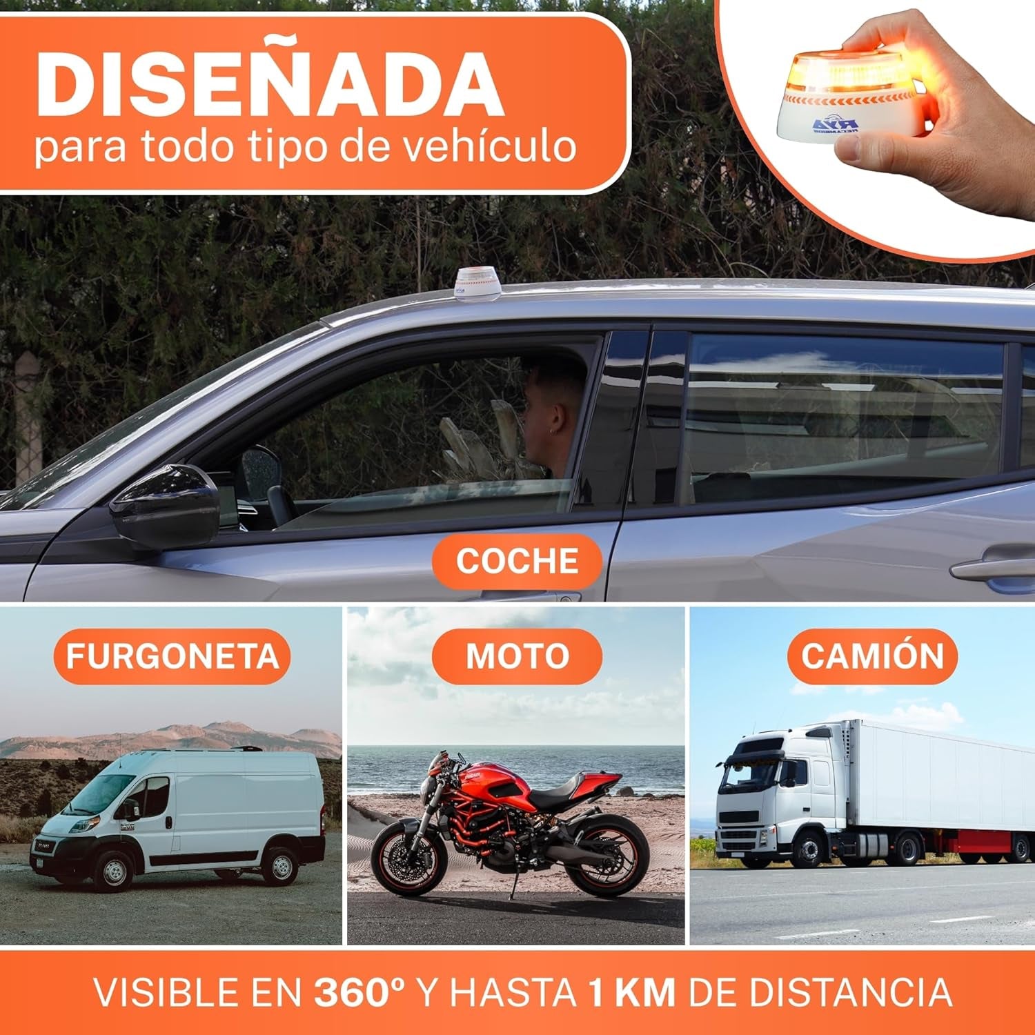 RYA Luz Emergencia Coche Homologado DGT Geolocalización - V16 Homologada Dgt Exigible a Partir De 2026 - Baliza Conectada Con DGT 3.0 - Imán Resistente - Datos Pagados Hasta 2038